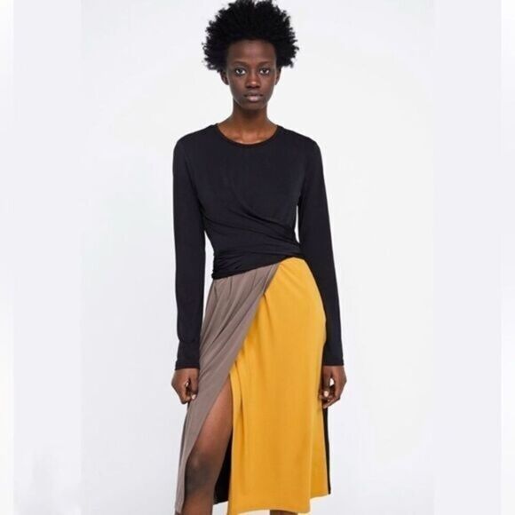 Zara Color Block Wrap Dress Self Tie Midi Dress - Picture 1 of 6